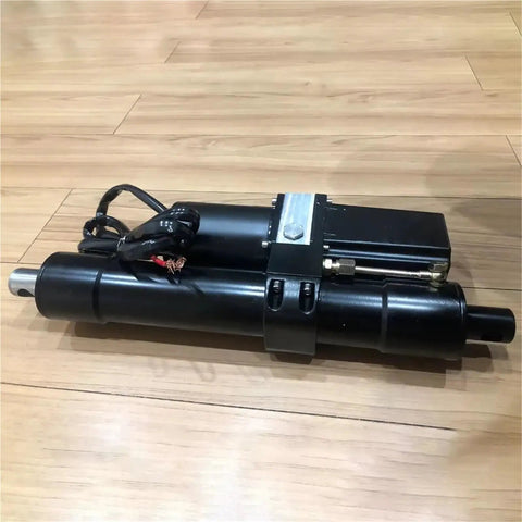Heavy Duty Electro Hydraulic Linear Actuator With 200MM Stroke And 10000N Push Pull Force, black metal body, wires exposed, side view.
