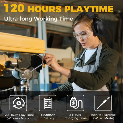 Woman wearing Gel Ear Cushions Bluetooth Five Point Four Hearing Protection Headphones With 30 dB Noise Cancellation And One Thousand Two Hundred mAh Rechargeable Safety Earmuffs for mowing, working in a workshop environment.