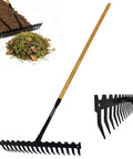 Heavy Duty Dual Mode Garden Rake With 60 Inch Wooden Handle And 17-Tine Bow Rake for soil preparation and leaf clearing