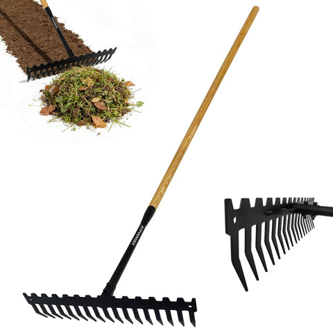 Heavy Duty Dual Mode Garden Rake With 60 Inch Wooden Handle And 17-Tine Bow Rake for soil preparation and leaf clearing