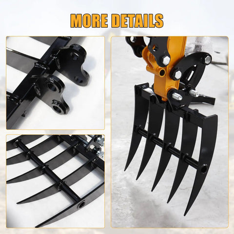 Mini Excavator Rake Attachment For 0.8 To 1.8 Ton Machines, showing close-up of adjustable rake tines and compact design.