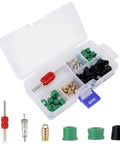 Open plastic box containing All In One HVAC Hose Gasket Kit For Air Conditioning Repairs 71 Piece Seal Set With 10 Valve Cores.