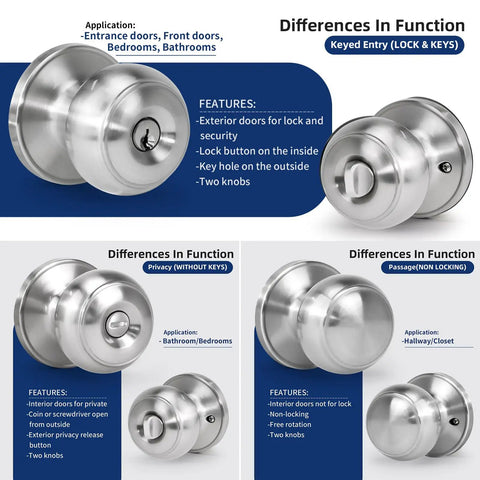 Keyed Entry Door Knobs 6 Pack With Lock And Key For Exterior And Interior Doors Right Or Left Hand Satin Nickel Finish ANSI Grade 3 Durable Build 200000 Cycles