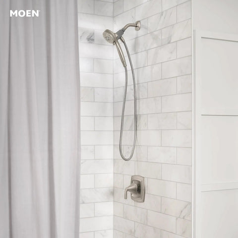 Engage Magnetix Shower Head With Handheld Sprayer, 6 Spray Modes, Magnetic Dock, Easy Install With 60 Inch Hose, Spot Resist Brushed Nickel Finish No Fuss Installation mounted on a tiled shower wall.