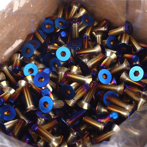 Premium Heavy Duty Steering Wheel Screw Bolts M5 X 16mm Burnt Blue Anodized 304 Stainless Steel Car Hardware in a pile.
