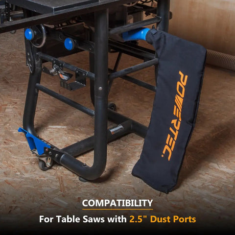 Universal Table Saw Dust Collection Bag Fits Two And Half Inch Dust Ports attached to table saw for effective dust collection.