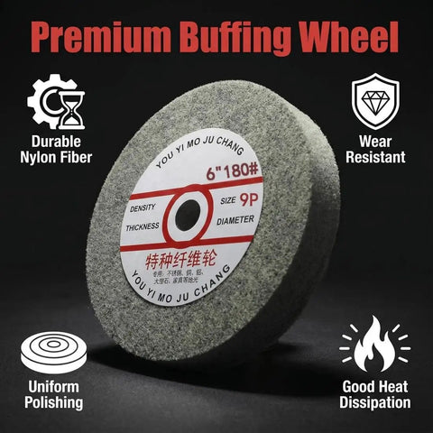 Durable Nylon Fiber Buffing Wheel Set 6 Inch By 1 Inch With Five Eighth Inch Arbor For Bench Grinder Or Drill Aluminum Buffing Wheels 180 Grit Polishing Discs 9 Pack.