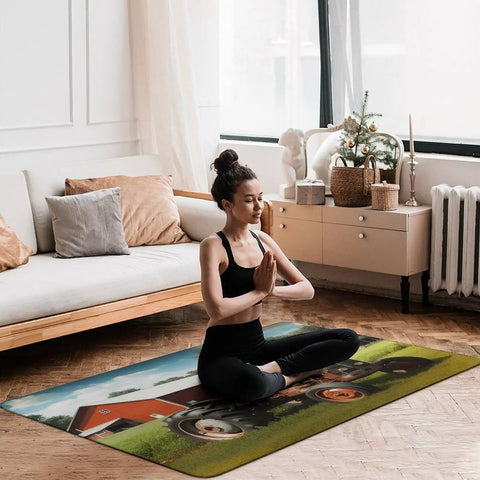 Woman meditating on Farm Tractor Bath Mat With Soft Coral Fleece, Ultra Absorbent Kitchen And Bathroom Rug in living room