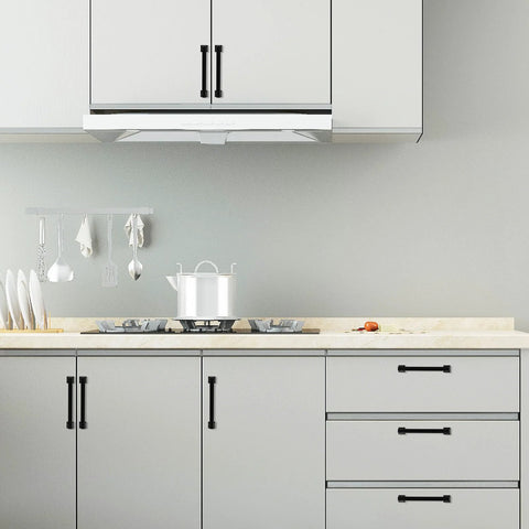 Matte Black Cabinet Pulls 5 Inch 128mm Set Of 10 Durable Alloy Kitchen Cabinet Handles on white cabinets in modern kitchen