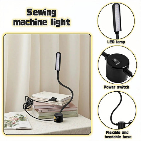 Bright 30 LED Sewing Machine Light with flexible silicone neck and magnetic base on table, showing power switch.