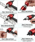Electric Rivet Gun Adapter Kit M3 To M8 Quick Change Blind Riveter Inserts step by step guide in red and black colors.
