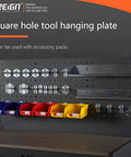 Square hole tool hanging plate with various hooks, shelves, and colored bins for tools. Accessory packs compatible.