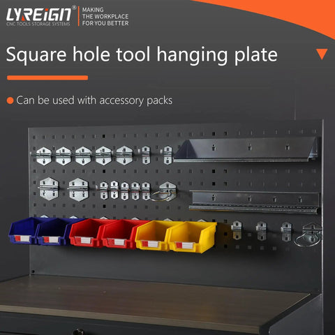 Square hole tool hanging plate with various hooks, shelves, and colored bins for tools. Accessory packs compatible.
