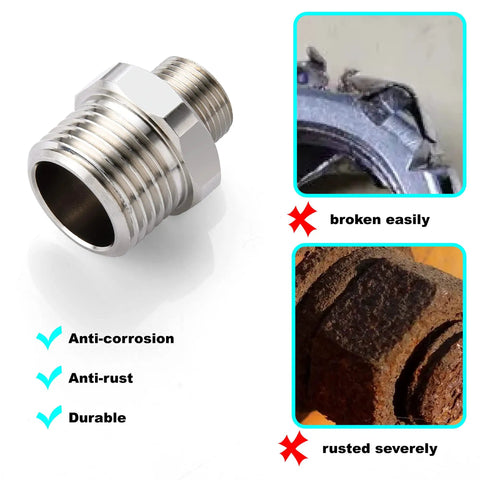 Brass RV Faucet Reducer Adapter One Half To Three Eighths Compression Fitting shown with anti-rust and anti-corrosion features