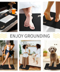 Grounding Mats 24x16 Inches 2 Pack for therapy and sleep support, shown in use under desk, on bed, and with adapter splitter for easy grounding.