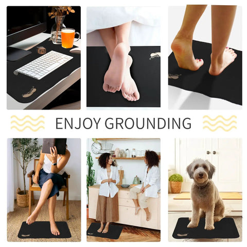 Grounding Mats 24x16 Inches 2 Pack for therapy and sleep support, shown in use under desk, on bed, and with adapter splitter for easy grounding.