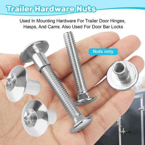 Rock Solid 5/16 Inch T55 Torx Domed Head Barrel Nuts Zinc Plated Steel 20 Pack Enclosed Cargo Trailer Door Fasteners in hand