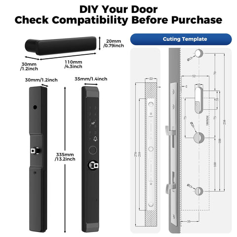 Sliding Glass Door Lock With Fingerprint And App Control Smart Mortise Lock dimensions and installation template.
