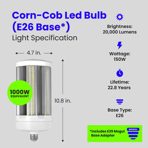 LED Corn Cob Light Bulb 20,000 Lumen Daylight 5000K, 1000 Watt Equivalent, 13.4 Inch Height By 5.3 Inch Diameter, Energy Saving Retrofit For Mercury Vapor And High Pressure Sodium Lamps