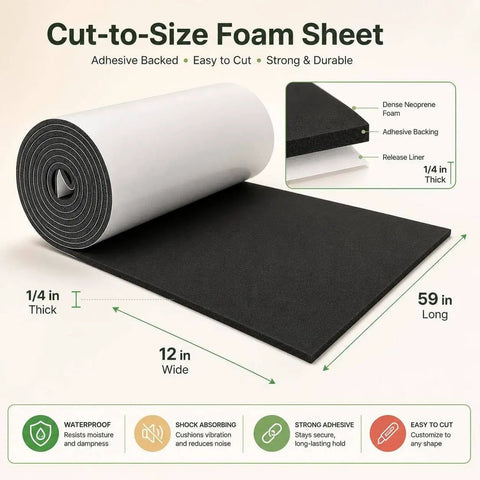 Heavy Duty Neoprene Foam Sheet With Knockout Grip Adhesive Backing For Straight Up Tough Shock Absorption And Slick Weather Seal Cuts Clean To Fit Any Garage Or Workshop Setup Today, 1/4 in thick, 12 in wide, 59 in long.