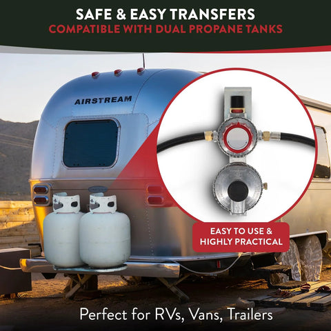 GasOne two-stage auto-changeover propane regulator with two 12-inch pigtails for RVs, silver body, two tanks visible