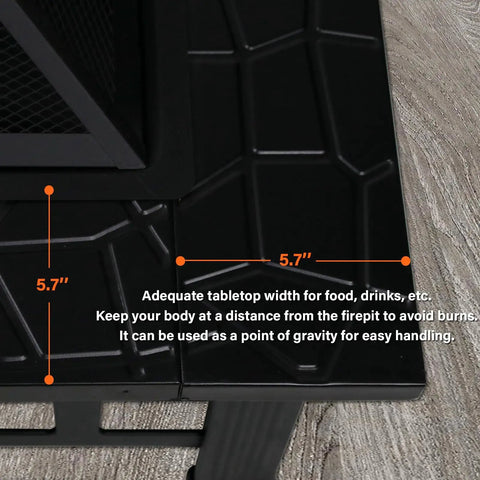 Close-up of 32 Inch Square Fire Pit Table With Spark Screen showing black iron details, 5.7 inch spacing highlighted for functionality.