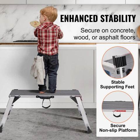 Beast Mode Foldable Aluminum Work Platform Drywall Stool Ladder Heavy Duty Workbench Non Slip Base Six Hundred Pound Capacity Rock Solid Grip For Autobody Washing Wall Painting And Shed Projects