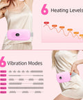 Woman using pink cordless heating pad for period cramps with 6 heat levels and 6 vibration modes.