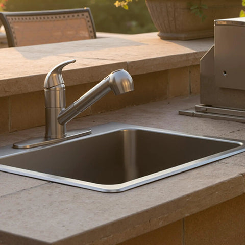 Kitchen Faucet With Pull Out Sprayer, Low Profile Stainless Steel, Single Handle Brushed Nickel, Outdoor Sink Setup