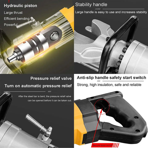 Portable Electric Hydraulic Rebar Bender Cuts Rebar Up To 25 Mm Fast With Adjustable Angles From Zero To Ninety Degrees For Steel Rods showing hydraulic piston, stability handle, pressure relief valve, and safety switch.