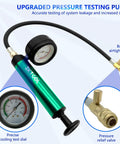 Front view of ZKTOOL aluminum radiator pressure tester pump with gauge, hose and brass fittings