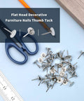 Heavy Duty Flat Head Upholstery Tacks For Furniture Repair And Craft Rooms Packs Two Hundred Silver Iron Thumb Pins on a workspace.