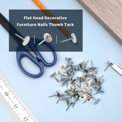 Heavy Duty Flat Head Upholstery Tacks For Furniture Repair And Craft Rooms Packs Two Hundred Silver Iron Thumb Pins on a workspace.