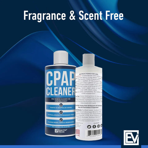 Odorless CPAP Cleaner Pre-Wash 16 Fl Oz Dye-Free Safe All-In-One Formula For All CPAP Gear Including Masks Hoses Tubes And Reservoirs Keeps Your Machine Fresh Smell-Free And Performance Ready. Fragrance-free bottle front and back