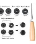 Components of 120 Sets T5 Plastic Snap Buttons No Sew No Tools Required Hand Press Fasteners For DIY Crafts with awl tool.