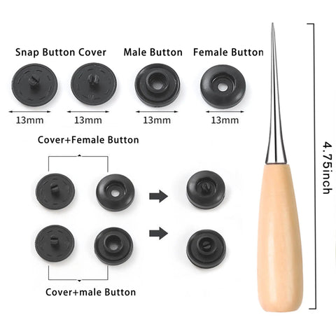 Components of 120 Sets T5 Plastic Snap Buttons No Sew No Tools Required Hand Press Fasteners For DIY Crafts with awl tool.