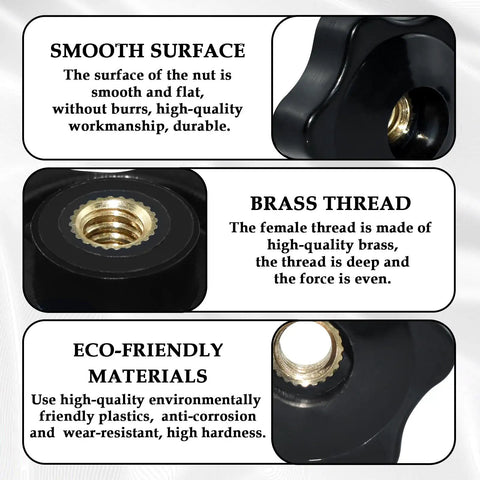 Image showing close-up details of Black Nylon Threaded Knob Nuts with Brass Insert for Four Pack One Quarter Inch Twenty T Track Setup.