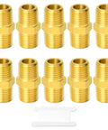 Ten Beefy Brass Pipe Fitting Set Three Eighths Inch Male To Male Hex Nipples in a row, NPT Threads, durable connectors.
