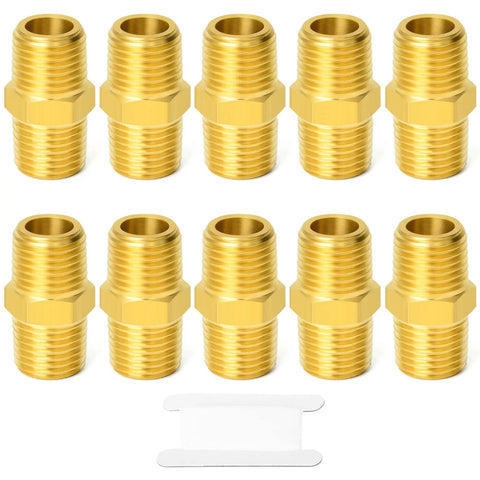 Ten Beefy Brass Pipe Fitting Set Three Eighths Inch Male To Male Hex Nipples in a row, NPT Threads, durable connectors.