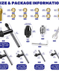 20 Piece Drill Chuck Key Wrench Set With Brass Chuck Collet Kit size and package information display.