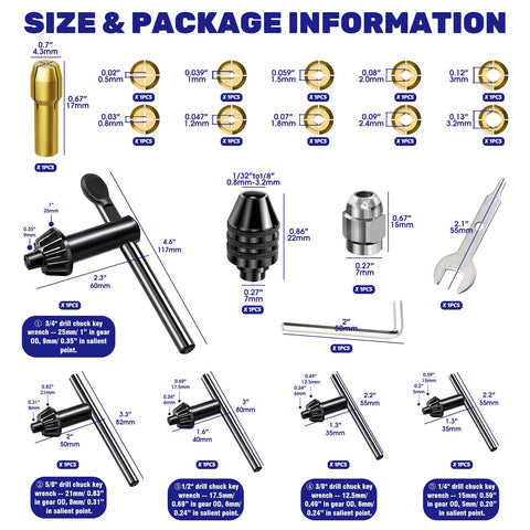 20 Piece Drill Chuck Key Wrench Set With Brass Chuck Collet Kit size and package information display.