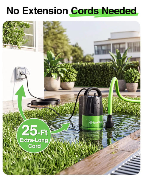 Heavy Duty 1 HP Submersible Water Pump With Smart Float Switch Cranks 4000 GPH in flooded yard with 25-ft cord.