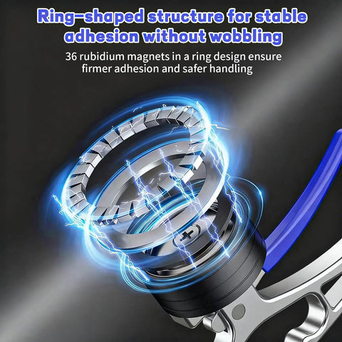 Heavy Duty Magnetic Pickup Tool With Quick Release and Ergonomic Handle ring-shaped structure with 36 rubidium magnets.