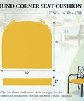 Yellow outdoor chair cushion with round corner, dimensions 17W x 16D x 2H, displayed with patio chair illustration and measurements.