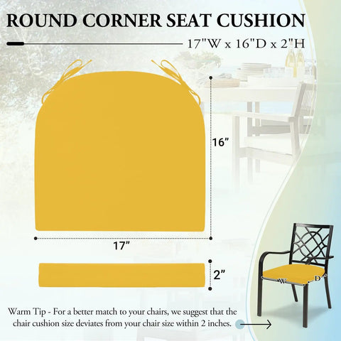 Yellow outdoor chair cushion with round corner, dimensions 17W x 16D x 2H, displayed with patio chair illustration and measurements.