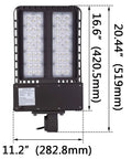 Front view of Hella Bright 150W LED Shoebox Light with 18000 Lumens, showing dimensions and design details.