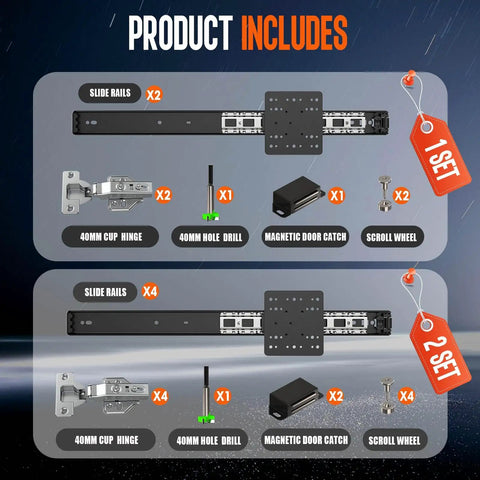 Hidden Pocket Door Slide Hardware Kit 2 Pack 12 Inch components layout including slide rails, hinges, drill bits, and hardware