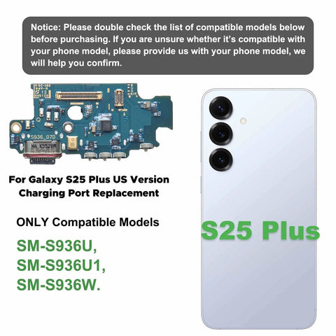 No Sweat Charging Port Dock Board Replacement Kit For Galaxy S25 Plus US Variants with visible charging port circuit board.
