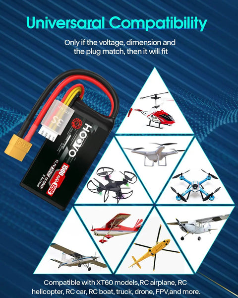 3S 120C 11.1V LiPo Battery With XT60 Plug For FPV Racing RC Quadcopter And Multirotor Hobby Two Pack High Discharge