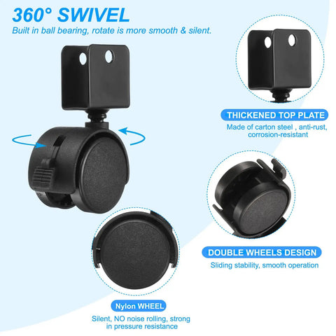 Rock Solid 1.5 Inch Nylon Swivel Casters With Positive Locking Brakes whisper quiet wheels showing swivel, thickened top plate, double wheels design.